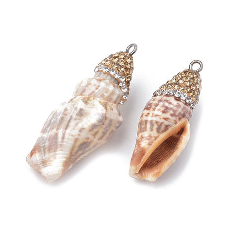 (SH5629) Spiral Shell Big Pendants, with Polymer Clay Rhinestones and Iron Findings 33~41mm long Spiral Shell Big Pendants, with Polymer Clay Rhinestones and Iron Findings, Conch Shell, Seashell Size: about 33~41mm long, 14~17mm wide, 12~14mm thick, hole: 1.5mm.