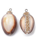 (SH5670) Cowrie Shell Pendants, with Polymer Clay Rhinestones  SaddleBrown Size: about 33~37mm long Cowrie Shell Pendants, with Polymer Clay Rhinestones and Iron Findings, Cowrie Shell, SaddleBrown Size: about 33~37mm long, 18~20mm wide, 14~15mm thick, hole: 1.5mm.