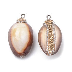 (SH5670) Cowrie Shell Pendants, with Polymer Clay Rhinestones  SaddleBrown Size: about 33~37mm long Cowrie Shell Pendants, with Polymer Clay Rhinestones and Iron Findings, Cowrie Shell, SaddleBrown Size: about 33~37mm long, 18~20mm wide, 14~15mm thick, hole: 1.5mm.