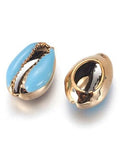 (SH5688C) Electroplated Cowrie Shell Beads, with Enamel, Golden, LightSkyBlue 18~22mm Electroplated Cowrie Shell Beads, with Enamel, Undrilled/No Hole Beads, Golden, LightSkyBlue Size: about 13~15mm wide, 18~22mm long, 7~8mm thick.