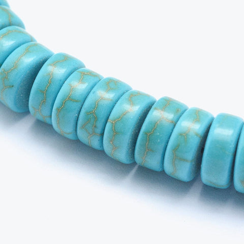 (SH5891A) Synthetic Turquoise Beads Strands, Heishi Beads, Flat Round-Disc, Dyed, Size: about 8mm Synthetic Turquoise Beads Strands, Heishi Beads, Flat Round/Disc, Dyed, Size: about 8mm in diameter, 3mm thick, hole: 1mm; about 115pcs/strand, 14.9"(38cm).