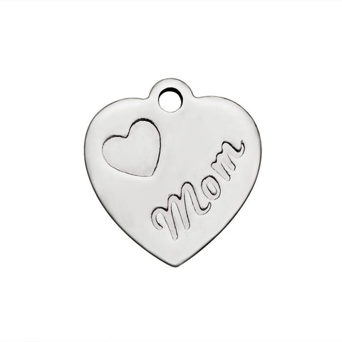 (SH6109A) 304 Stainless Steel Charms, Heart with Mom, 13mm long, (5 PCS) 304 Stainless Steel Charms, Heart with Mom, Stainless Steel Color Size: about 13mm long, 12mm wide, 1mm thick, hole: 1mm.