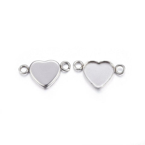 (SH6147A) 304 Stainless Steel Cabochon Connector Settings, Heart,  11mm long, 20mm wide (5 PIECES) 304 Stainless Steel Cabochon Connector Settings, Heart, Stainless Steel Color Size: about 11mm long, 20mm wide, 2mm thick, hole: 2.5mm, inner: 10x11mm.