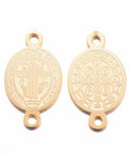 (SL6112A) 304 Stainless Steel Links, Oval with Saint Benedict, Golden Size: about 16mm long (2 PCS) 304 Stainless Steel Links, Oval with Saint Benedict, Golden Size: about 16mm long, 9mm wide, 0.8mm thick, hole: 1mm.