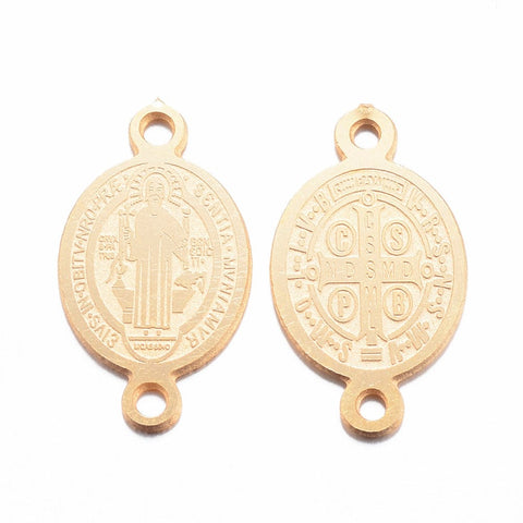 (SL6112A) 304 Stainless Steel Links, Oval with Saint Benedict, Golden Size: about 16mm long (2 PCS) 304 Stainless Steel Links, Oval with Saint Benedict, Golden Size: about 16mm long, 9mm wide, 0.8mm thick, hole: 1mm.