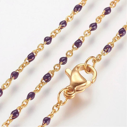 (SN6412B) GOLD/PURPLE 304 Stainless Steel Chain Necklaces, with Enamel Links, Golden, (45.5cm)long, 1.5~2mm wide 304 Stainless Steel Chain Necklaces, with Enamel Links, Golden, (45.5cm)long, 1.5~2mm wide
