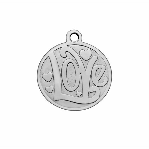 (SP5531) 304 Stainless Steel Charms, Flat Round with Word Love, 15MM (5 PCS) 304 Stainless Steel Charms, Flat Round with Word Love, Stainless Steel Color Size: about 15mm long, 14mm wide, 1mm thick, hole: 1mm.