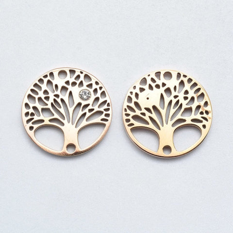 (SP5557B) 316 Stainless Steel Tree of Life, Clear, Rose Gold Size: about 15mm in diameter, (2 PCS) 316 Stainless Steel Micro Pave Cubic Zirconia Links, Tree of Life, Clear, Rose Gold Size: about 15mm in diameter, 2mm thick, hole: 1mm.