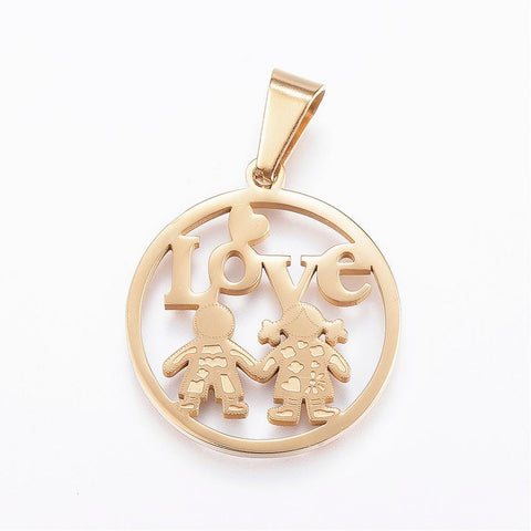 (SP5636) 304 Stainless Steel Pendants, Flat Round, with Girl and Boy, Golden 28mm long 304 Stainless Steel Pendants, Flat Round, with Girl and Boy, Golden Size: about 28mm long, 25mm wide, 2mm thick, hole: 9x5mm.