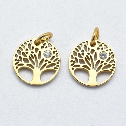 (SP5651) 316 Stainless Steel, with Cubic Zirconia, Clear, Gold Plated 12mm (2 PCS) 316 Stainless Steel Pendants, with Cubic Zirconia, Flat Round with Tree, Clear, Real Gold Plated Size: about 12mm in diameter, 2mm thick, hole: 3mm.