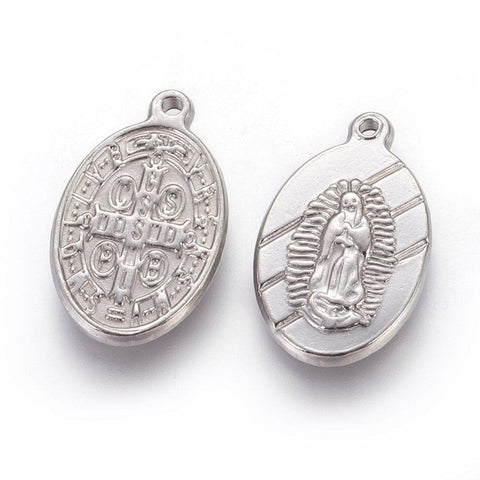 (SP6099A) 304 Stainless Steel Pendants, Oval Saint Benedict, 14x23mm (4 PCS) 304 Stainless Steel Pendants, Oval with Saint Benedict, Stainless Steel Color Size: about 14mm wide, 23mm long, 3mm thick, hole: 1.5mm.