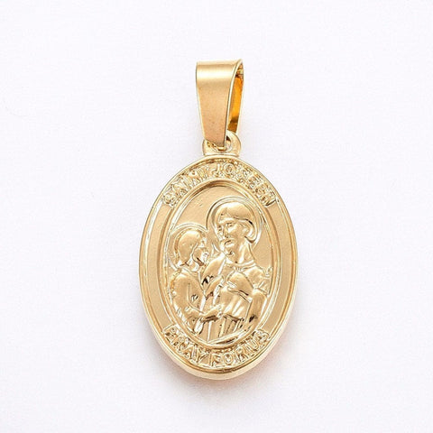 (SP6101A) 304 Stainless Steel Pendants, Oval with Saint , Golden  23mm long, 14mm wide, (2 PCS) (SP6101A) 304 Stainless Steel Pendants, Oval with Saint , Golden  23mm long, 14mm wide, (2 PCS)