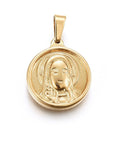 (SP6102A) 304 Stainless Steel Pendants, Flat Round , Golden 15x18mm (2 PCS) 304 Stainless Steel Pendants, Large Hole Pendants, Flat Round with Saint, Golden Size: about 15mm wide, 18mm long, 3mm thick, hole: 5x3mm.