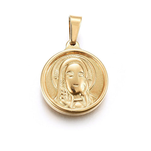 (SP6102A) 304 Stainless Steel Pendants, Flat Round , Golden 15x18mm (2 PCS) 304 Stainless Steel Pendants, Large Hole Pendants, Flat Round with Saint, Golden Size: about 15mm wide, 18mm long, 3mm thick, hole: 5x3mm.