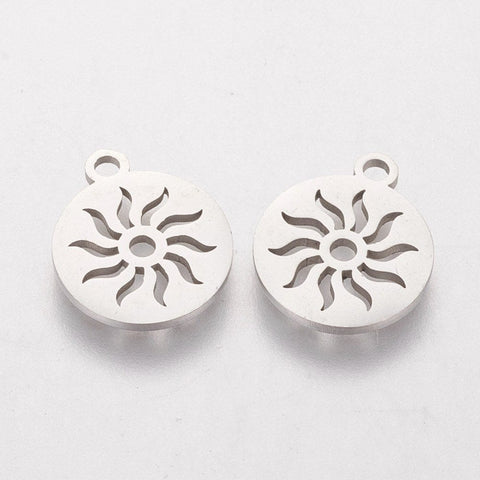 (SP7409A) 304 Stainless Steel Charms, Flat Round with Sun, 14mm (4 PCS) (SP7409A) 304 Stainless Steel Charms, Flat Round with Sun, 14mm (4 PCS)
