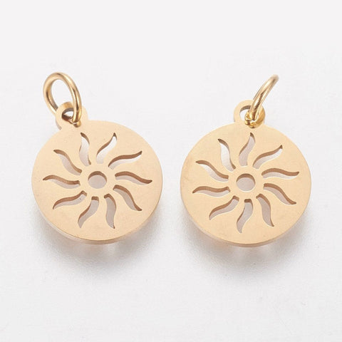 (SP7410G) 304 Stainless Steel Pendants, Flat Round with Sun, Golden 14mm (2 PCS) (SP7410G) 304 Stainless Steel Pendants, Flat Round with Sun, Golden 14mm (2 PCS)