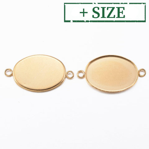 (ST5151-X) 304 Stainless Steel Cabochon Connector Settings, Oval, Golden (4 PCS) 304 Stainless Steel Cabochon Connector Settings, Oval, Golden Size: about 14mm wide, 24.5mm long, 1.5mm thick, tray: 18.5x13.5mm, hole: 2mm.
