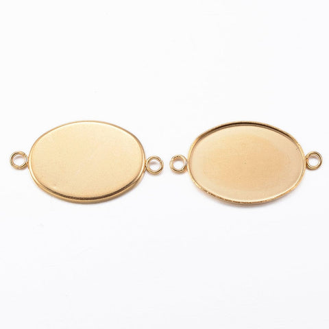 (ST5151-X) 304 Stainless Steel Cabochon Connector Settings, Oval, Golden (4 PCS) 304 Stainless Steel Cabochon Connector Settings, Oval, Golden Size: about 14mm wide, 24.5mm long, 1.5mm thick, tray: 18.5x13.5mm, hole: 2mm.