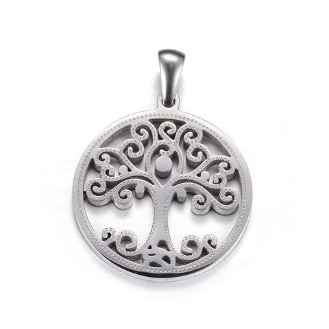 (ST5820A) 304 Stainless Steel Pendants, Flat Round with Tree of Life, 25mm wide 304 Stainless Steel Pendants, Flat Round with Tree of Life, Stainless Steel Color Size: about 25mm wide, 27.5mm long, 2mm thick, hole: 7x3mm.
