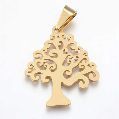 (ST5821) 304 Stainless Steel Pendants, Tree of Life, Golden Size: about 31mm long 304 Stainless Steel Pendants, Tree of Life, Golden Size: about 31mm long, 27mm wide, 1.5mm thick, hole: 9x5mm.