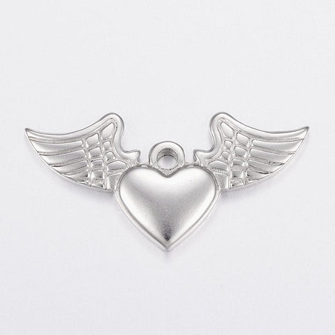 (SW6114A) 304 Stainless Steel Pendants, Heart and Wing, 40mm, (2 PCS) 304 Stainless Steel Pendants, Heart and Wing, Stainless Steel Color Size: about 40mm wide, 20mm long, 3.5mm thick, hole: 3mm.