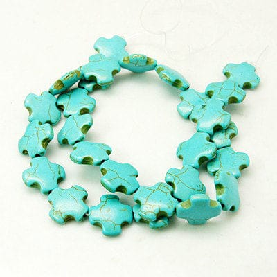 Synthetic Turquoise Beads Strands, Cross, Turquoise 15MM (CR5153) Synthetic Turquoise Beads Strands, Cross, Turquoise Size: about 15mm long, 15mm wide, 5mm thick; about 27pcs/strand, 15.9".