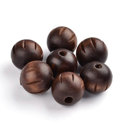 (WB2087) Wood Beads, Lead Free, Dyed, Round With Carved Pattern, Coffee Size: 25mm (10 PCS) Wood Beads, Lead Free, Dyed, Round With Carved Pattern, Coffee Size: 25mm in diameter, hole: 6~7mm.
