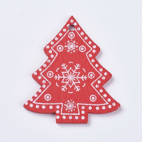 (WB5229) Wood Big Pendants, Christmas Tree with Snowflake , Red 49MM (10 PCS) Wood Big Pendants, Christmas Tree with Snowflake , Red Size: about 42.5mm wide, 49.5mm long, 2mm thick, hole: 3mm