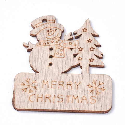 (WB6047) Wooden Big , Snowman and Merry Christmas, about 68.5mm long,, (4 PCS) Undyed Wooden Big Pendants, Snowman and Christmas Tree, with Word Merry Christmas, BurlyWood Size: about 68.5mm long, 59mm wide, 2.5mm thick, hole: 2.5mm.